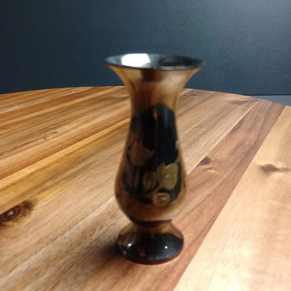 Vintage Brass Bud Vase Etched Intricate Floral‎ India 3